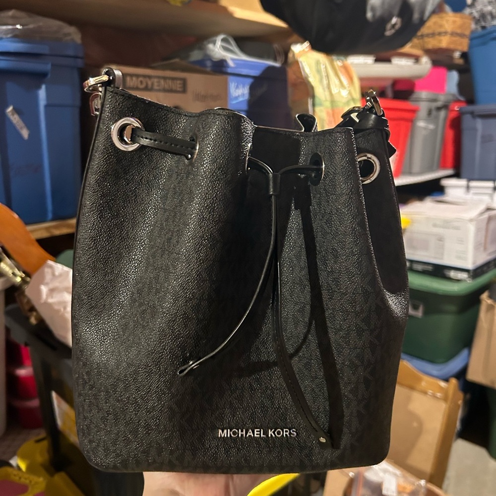 Michael Kors Black Signature Drawstring Bucket Shoulder Bag